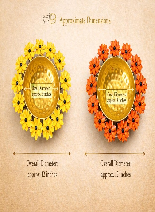 AGAAS ENTERPRISES AGAAS Set of 2 Decorative Urli Bowls with Floral Frame | Metal Flower Uruli for Diwali, Navratri, Haldi, Saraswati Pooja & Festive Decor | Traditional Indian Floor Decoration (Yellow & Orange) - Image 5