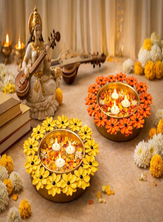 AGAAS ENTERPRISES AGAAS Set of 2 Decorative Urli Bowls with Floral Frame | Metal Flower Uruli for Diwali, Navratri, Haldi, Saraswati Pooja & Festive Decor | Traditional Indian Floor Decoration (Yellow & Orange) - Image 2