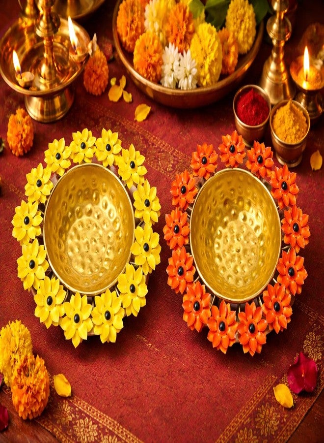 AGAAS ENTERPRISES AGAAS Set of 2 Decorative Urli Bowls with Floral Frame | Metal Flower Uruli for Diwali, Navratri, Haldi, Saraswati Pooja & Festive Decor | Traditional Indian Floor Decoration (Yellow & Orange) - Image 1