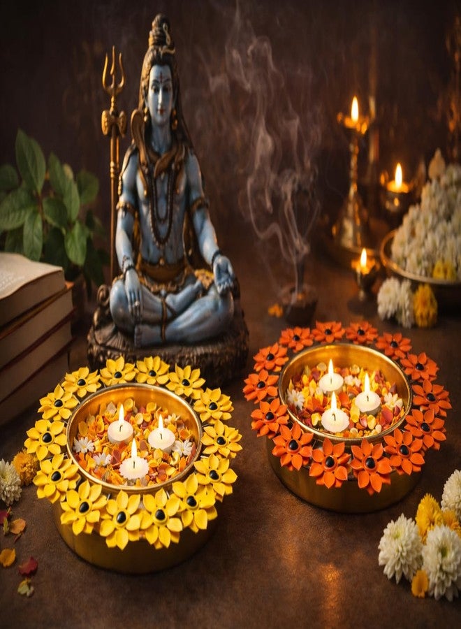 AGAAS ENTERPRISES AGAAS Set of 2 Decorative Urli Bowls with Floral Frame | Metal Flower Uruli for Diwali, Navratri, Haldi, Saraswati Pooja & Festive Decor | Traditional Indian Floor Decoration (Yellow & Orange) - Image 3
