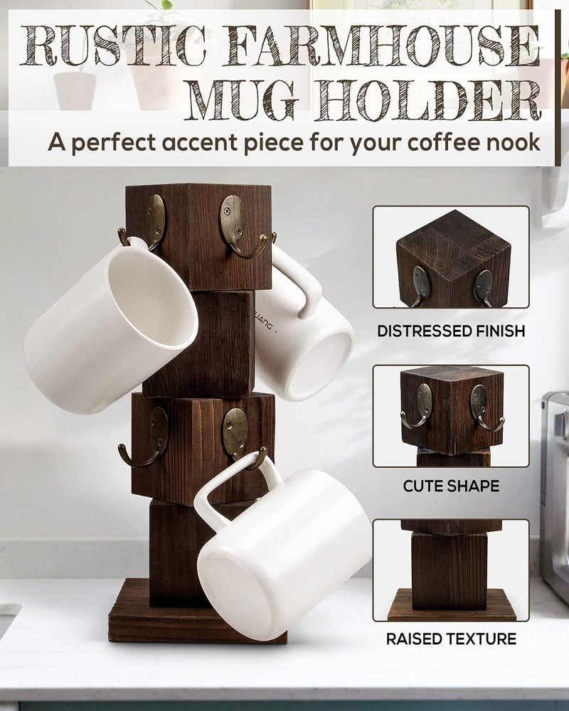PUERSI Coffee Mug Holder for Counter, Rustic Solid Wood Mug Tree, Farmhouse Wooden Coffee Cup Rack, Distressed Mug Stand with 8 Hooks (Rustic Brown) - Image 2