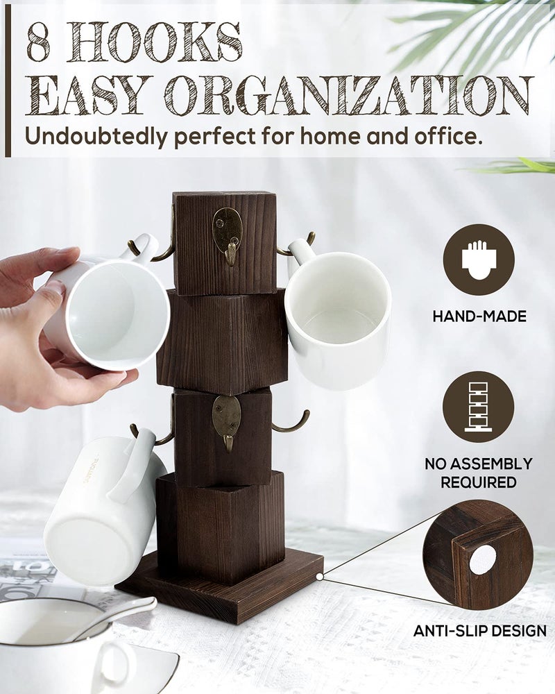 PUERSI Coffee Mug Holder for Counter, Rustic Solid Wood Mug Tree, Farmhouse Wooden Coffee Cup Rack, Distressed Mug Stand with 8 Hooks (Rustic Brown) - Image 4
