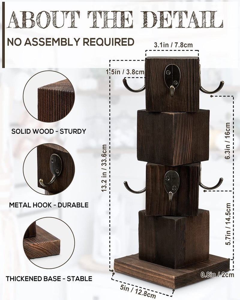 PUERSI Coffee Mug Holder for Counter, Rustic Solid Wood Mug Tree, Farmhouse Wooden Coffee Cup Rack, Distressed Mug Stand with 8 Hooks (Rustic Brown) - Image 3