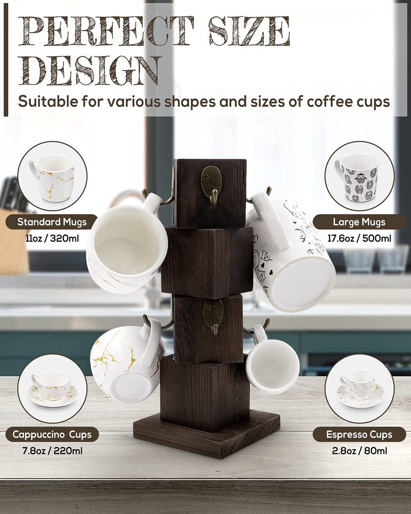 PUERSI Coffee Mug Holder for Counter, Rustic Solid Wood Mug Tree, Farmhouse Wooden Coffee Cup Rack, Distressed Mug Stand with 8 Hooks (Rustic Brown) - Image 5