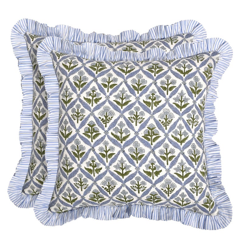 Ridhi Block Print Light Steel Blue Throw Pillow Cover 16 x 16 Pack of 2 Decorative Cushion Covers with Ruffle for Couch Sofa Bed Living Room Home Decor Gift for Spring Easter Valentine - Image 2