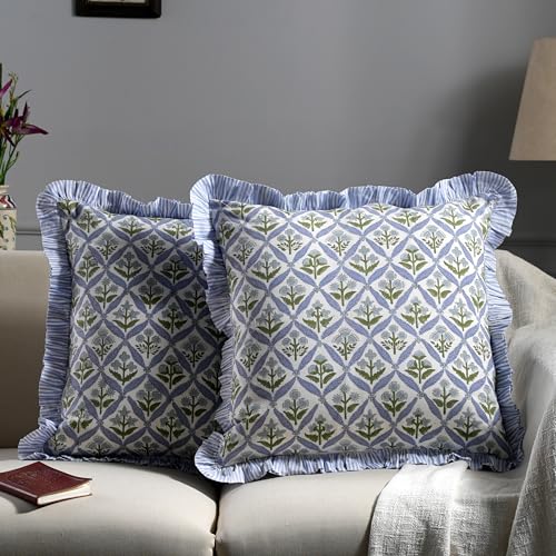 Ridhi Block Print Light Steel Blue Throw Pillow Cover 16 x 16 Pack of 2 Decorative Cushion Covers with Ruffle for Couch Sofa Bed Living Room Home Decor Gift for Spring Easter Valentine - Image 3