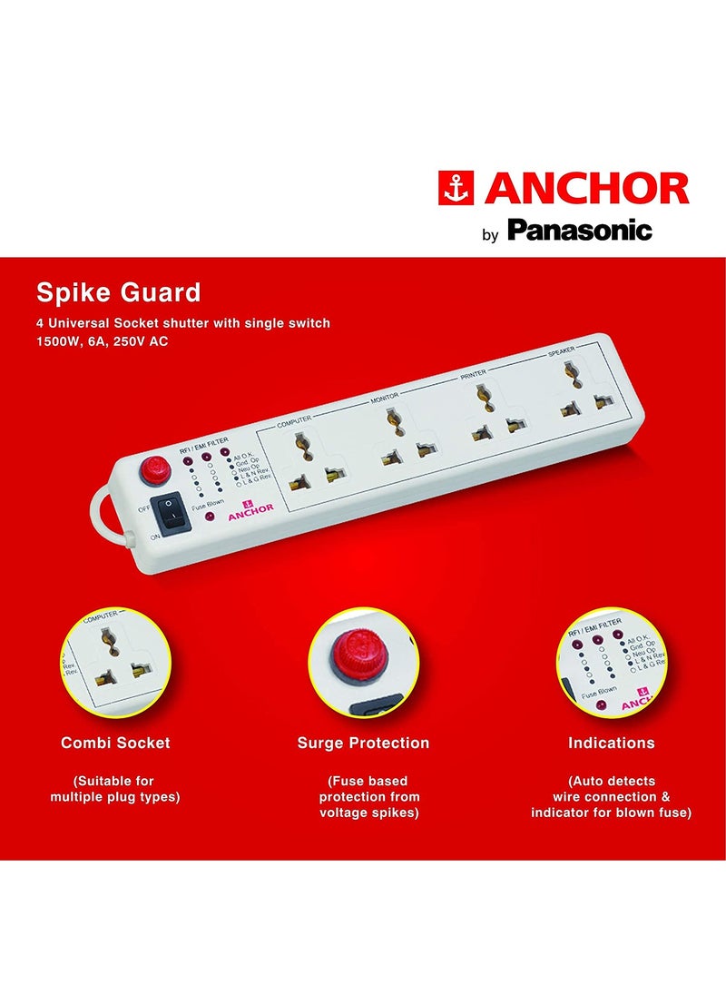 Anchor Anchor by Panasonic 4 way 6A International Socket with Single Switch 4 Way Extension Board with 4 Mtr Extension Cord Multi Plug Socket for Home Wall Office 22048  - Image 2
