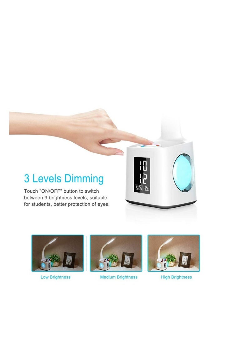 Excefore مصباح مكتب LED مع منفذ شحن USB، مصباح مكتب قابل للتعتيم 10W مع تحكم باللمس، مصباح طاولة مع حامل أقلام وساعة، مناسب لمكتب المنزل أو غرفة النوم أو القراءة أو الدراسة - Image 5