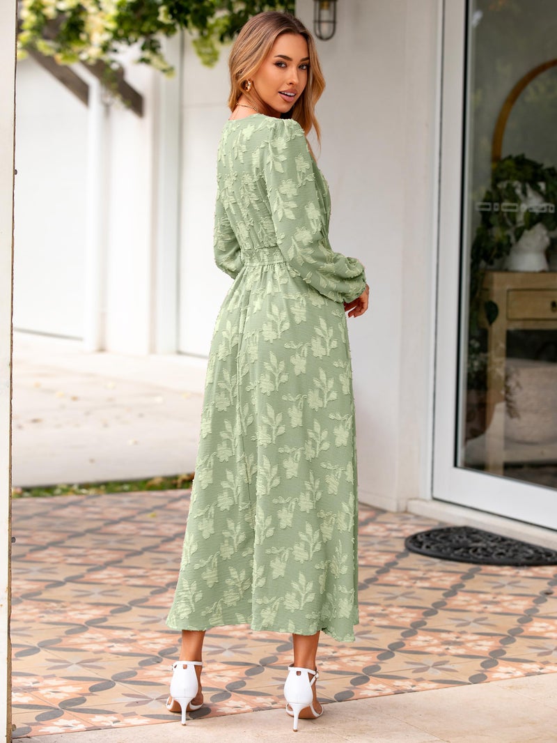 Simplee Womens Boho Floral Long Sleeve Maxi Dress V Neck Empire Waist Spring Wedding Guest Dresses with Pockets Sage Green XL - Image 4