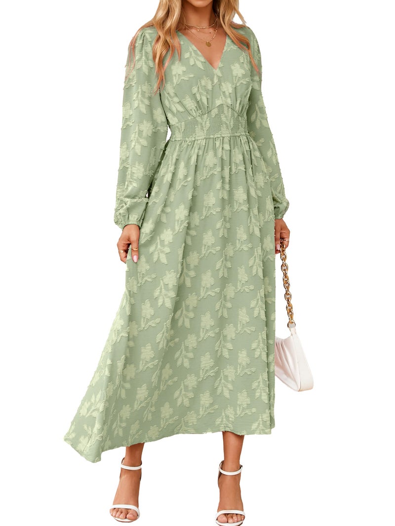 Simplee Womens Boho Floral Long Sleeve Maxi Dress V Neck Empire Waist Spring Wedding Guest Dresses with Pockets Sage Green XL - Image 1