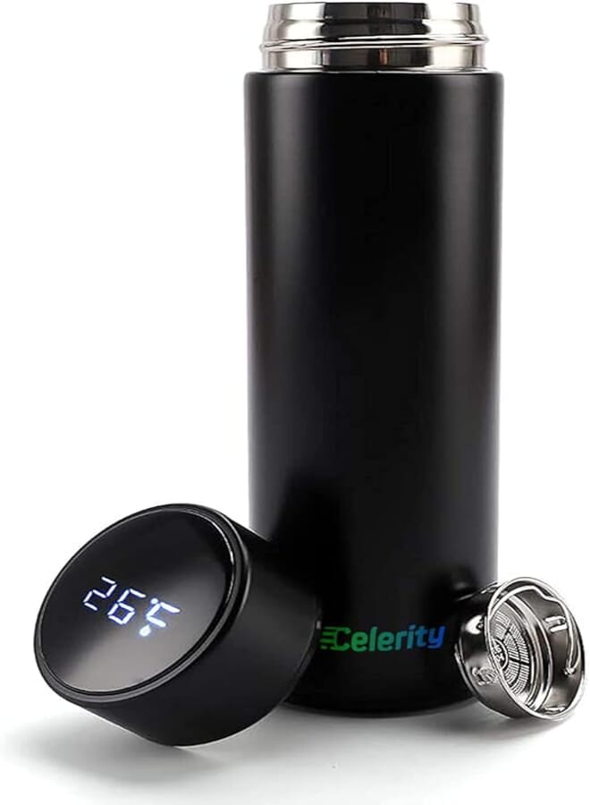 Celerity Temperature Display Vacuum Insulated Water Bottle Stainless Steel Sports Thermal Travel Mug with LED Temperature Display Leak Proof Hot and Cold for 12 Hours Thermos (Black)