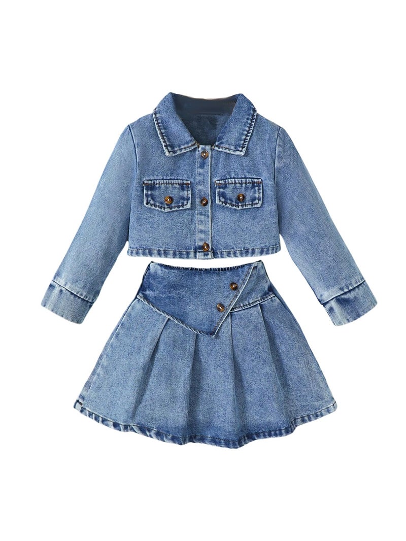 MakeMeChic Toddler Baby Girl 2 Piece Cute Outfits Long Sleeve Collared Denim Jacket and Pleated A Line Jean Skirt Sets Blue 5T - Image 1