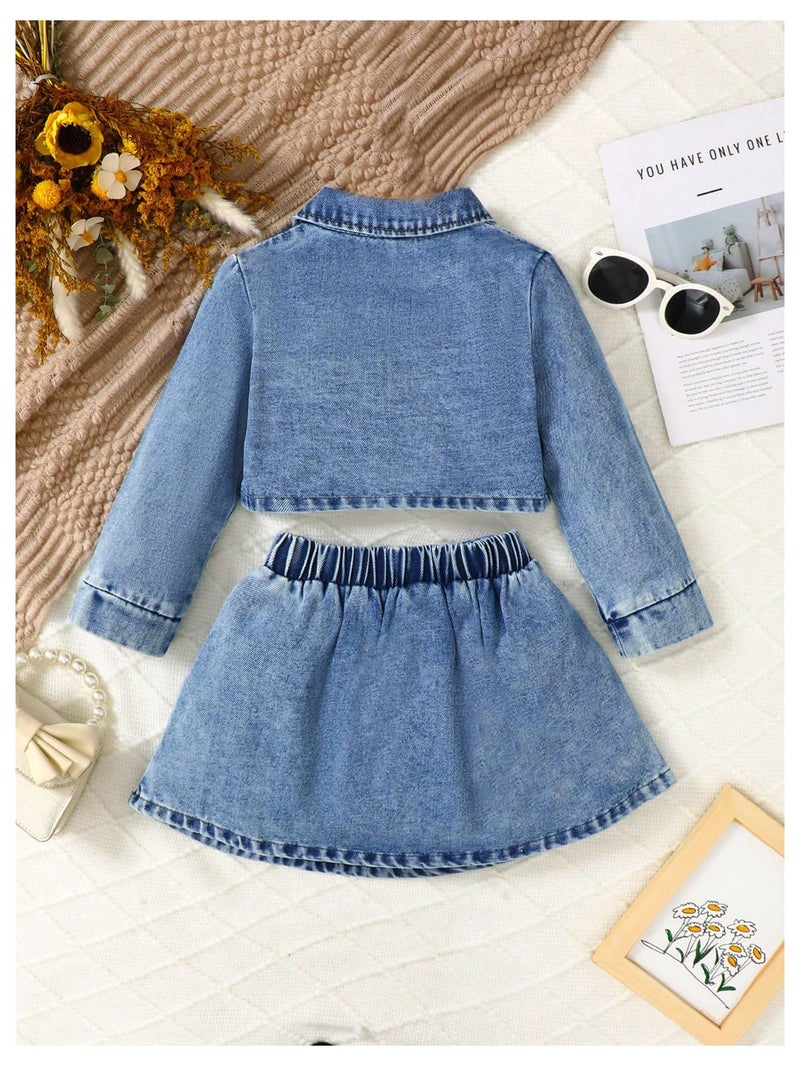 MakeMeChic Toddler Baby Girl 2 Piece Cute Outfits Long Sleeve Collared Denim Jacket and Pleated A Line Jean Skirt Sets Blue 5T - Image 2