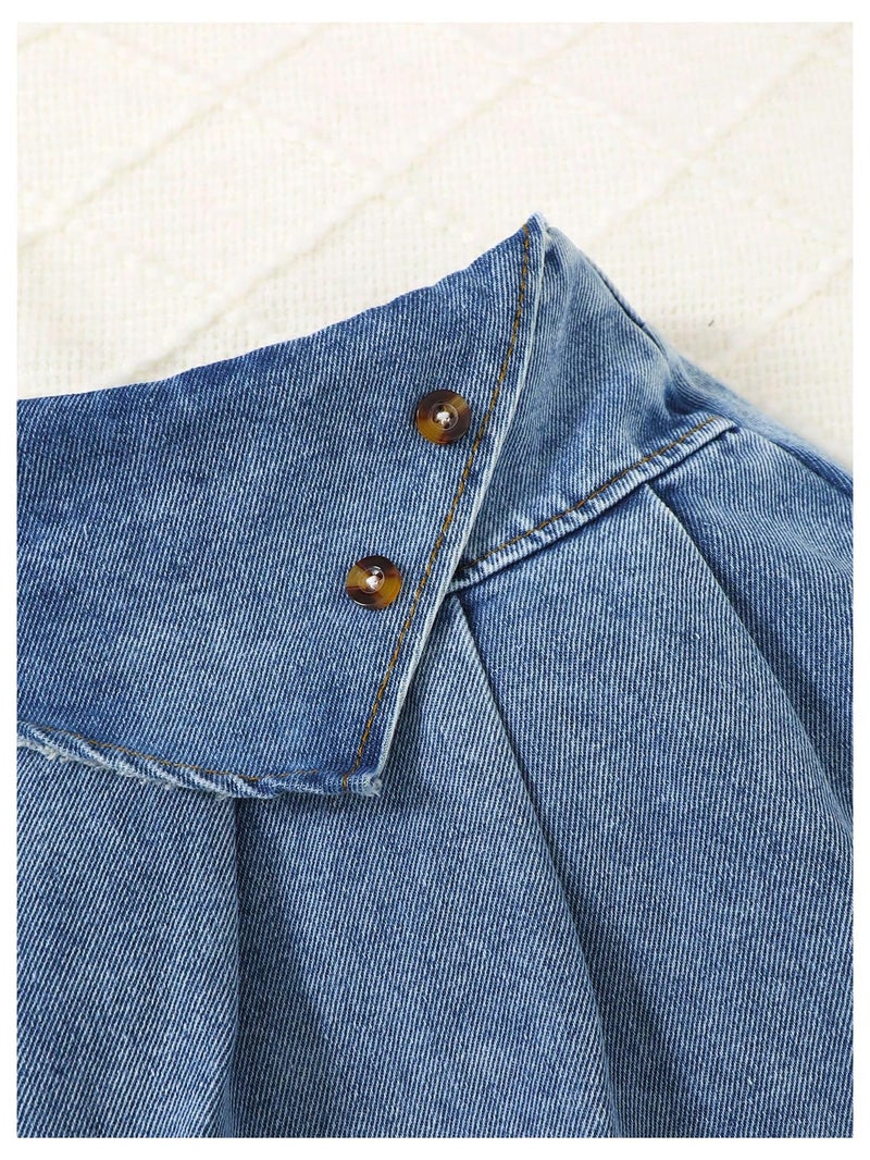 MakeMeChic Toddler Baby Girl 2 Piece Cute Outfits Long Sleeve Collared Denim Jacket and Pleated A Line Jean Skirt Sets Blue 5T - Image 4