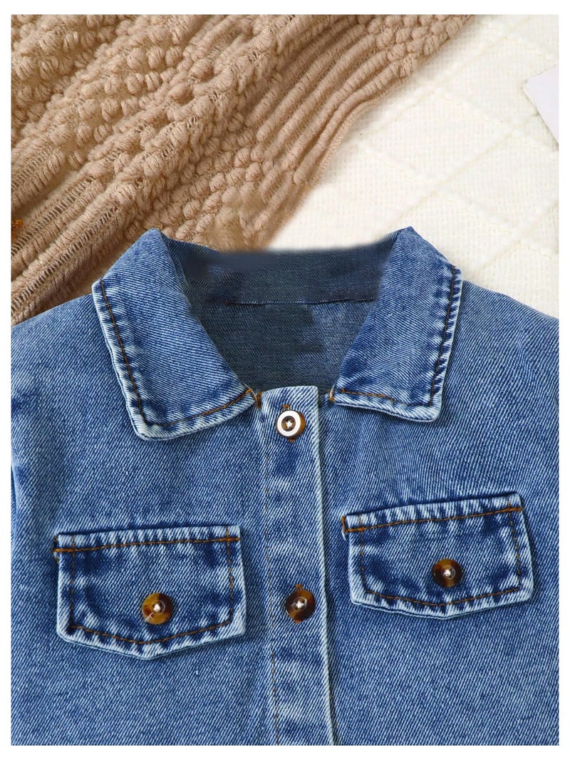 MakeMeChic Toddler Baby Girl 2 Piece Cute Outfits Long Sleeve Collared Denim Jacket and Pleated A Line Jean Skirt Sets Blue 5T - Image 3