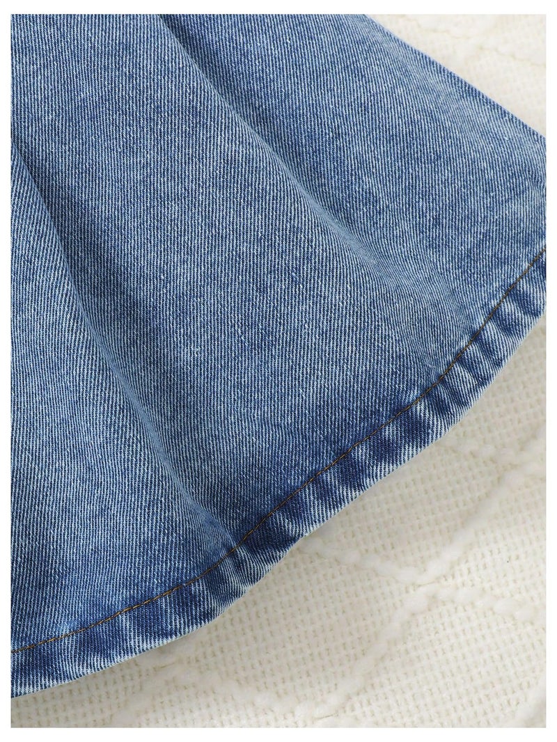 MakeMeChic Toddler Baby Girl 2 Piece Cute Outfits Long Sleeve Collared Denim Jacket and Pleated A Line Jean Skirt Sets Blue 5T - Image 5