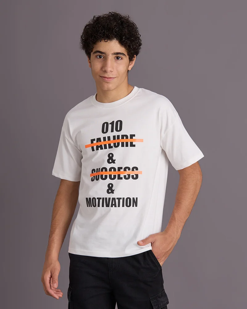 REDTAG Senior Boys White Printed T-shirt