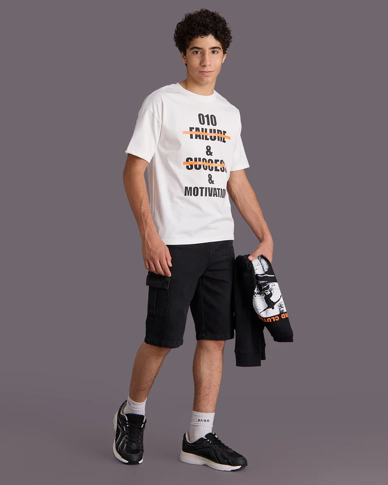 REDTAG Senior Boys White Printed T-shirt