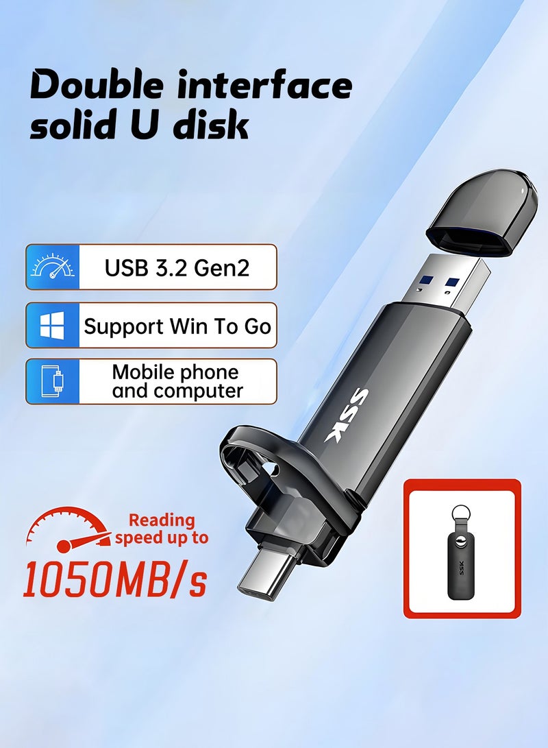 SSK External Hard Drive 512GB Portable SSD up to 1050MB/s, Solid State Drive Fast Thumb Drive,Dual Drive Type-C + USB A 3.2 Gen 2 External Solid State Drives,USB Memory Stick for iPhone 15/PS4/Android Phone/Tablet/Windows/Mac - Image 1