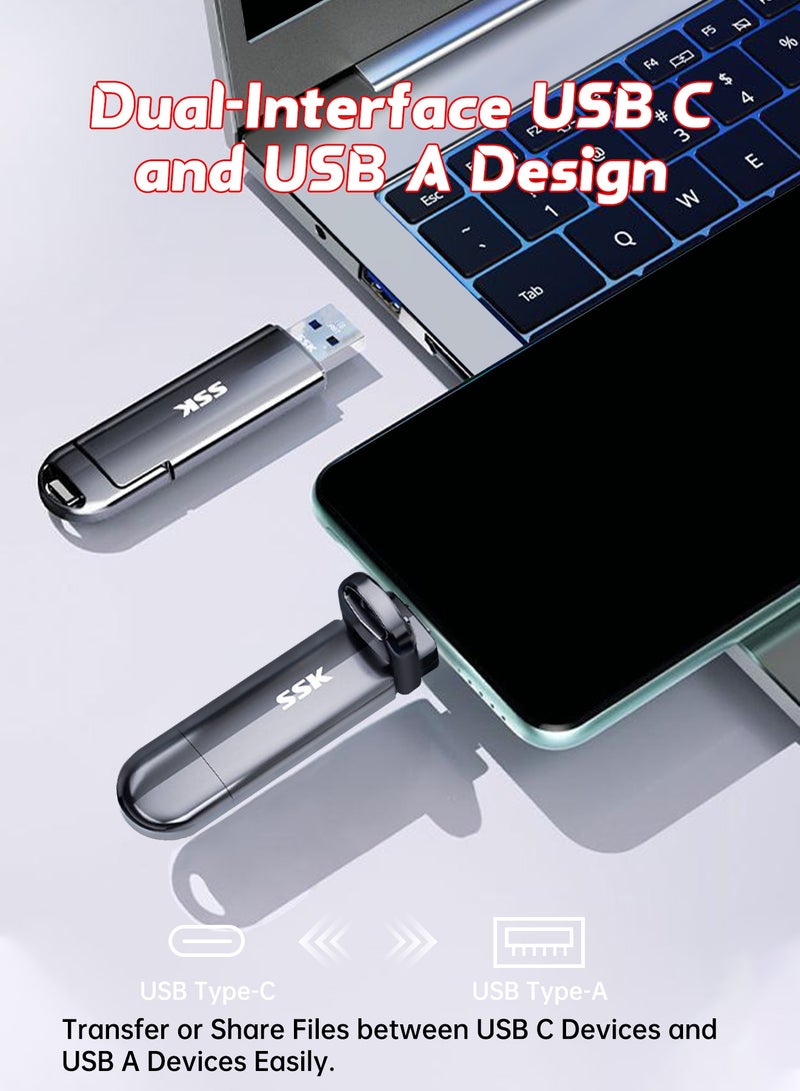 SSK External Hard Drive 512GB Portable SSD up to 1050MB/s, Solid State Drive Fast Thumb Drive,Dual Drive Type-C + USB A 3.2 Gen 2 External Solid State Drives,USB Memory Stick for iPhone 15/PS4/Android Phone/Tablet/Windows/Mac - Image 3
