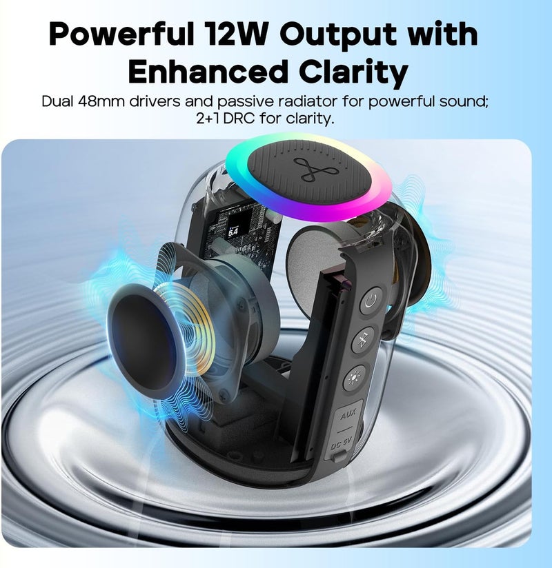 Tribit StormBox Mini+ Portable Bluetooth Speaker, 12W Wireless Speaker with 360°Surround Sound, 12H Playtime, Custom EQ, BT5.4, IPX7 Waterproof, RGB Lights, Type-C, TWS, AAC/SBC, Home/Outdoor/Travel - Image 4