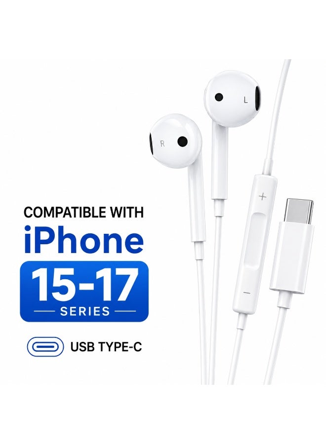 USB-C Wired Earphones with Microphone Compatible with iPhone 15 16 17 Pro Max Samsung Galaxy Type-C Headphones White - Image 1