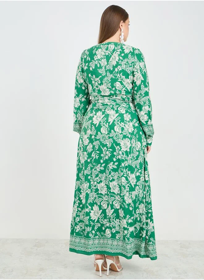 Styli Floral Print V Neck Wrap Maxi Dress