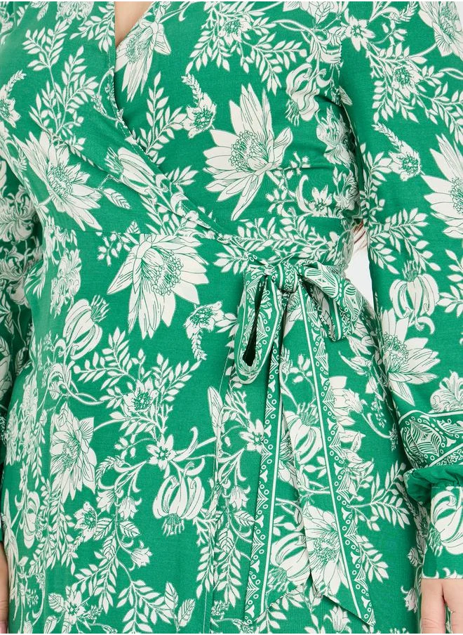 Styli Floral Print V Neck Wrap Maxi Dress