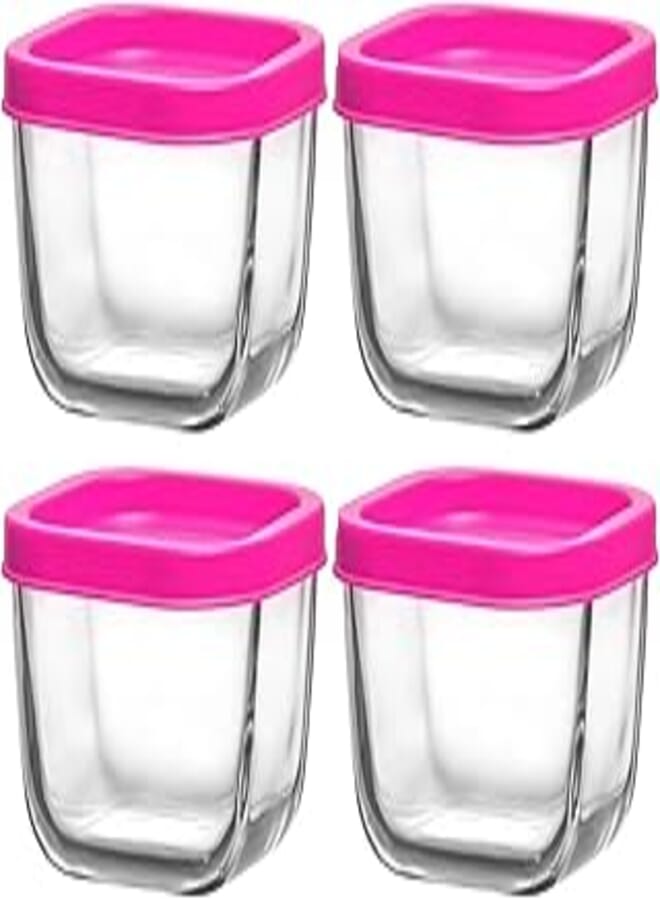 LAV CUBE Glass Square Storage Containers/Tight Pink cover /4 Pcs / 270 cc - 9.25 Oz/Elegant design, Trusted Brand, Attractive shape/High Quality Materials