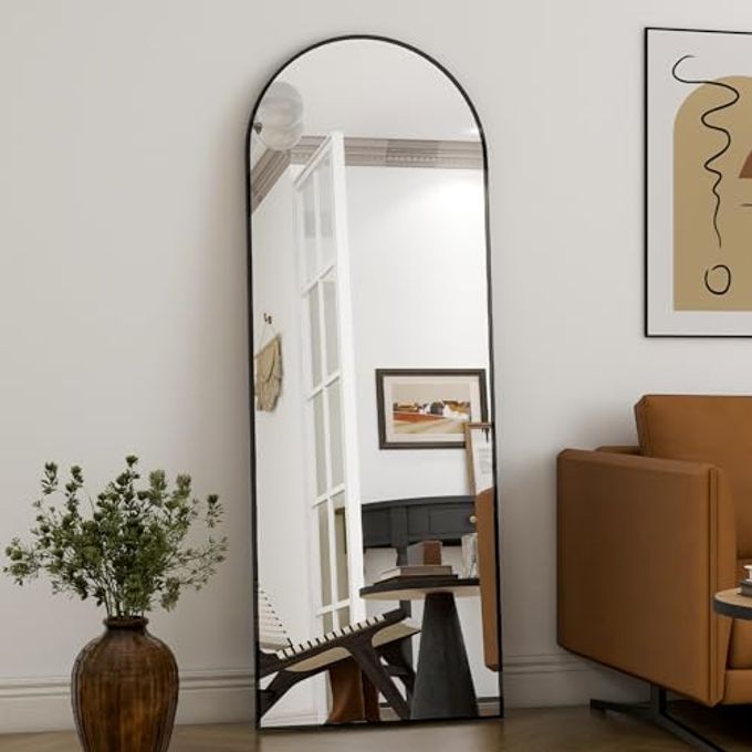58X18 ARCHED FULL LENGTH MIRROR FREE STANDING LEANING MIRROR HANGING MOUNTED MIRROR ALUMINUM FRAME MODERN SIMPLE HOME DECOR FOR LIVING ROOM BEDROOM CLOAKROOM BLACK
