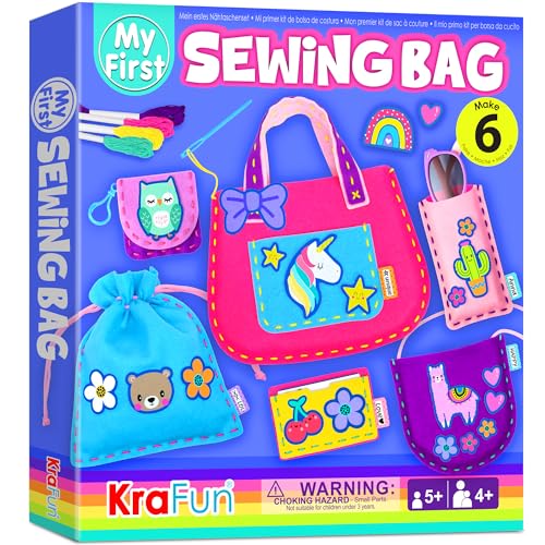 KRAFUN My First Sewing Bag Kit Arts Crafts for Beginner Kids 6 Easy DIY Sewing mini Bag Holder Case Projects of Animal Theme Instructions Learn to Sew Felt Embroidery Gift for Girls Boys - Image 1