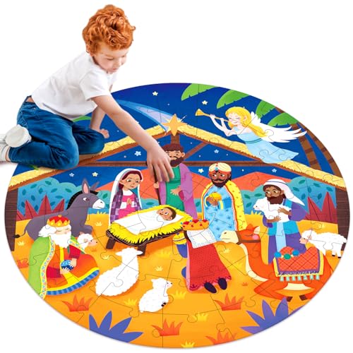 MoinKidz Wooden Nativity Puzzle for Kids Ages 48 Kids Floor Puzzles for Ages 35 Large 48 Piece Round Christmas Wooden Jigsaw Puzzle for 6 7 8 Year Old - Image 1