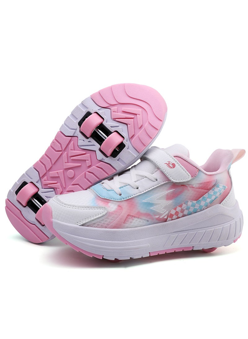 Generic - Childrens Invisible Four-Wheel Roller Skates Womens Kids Walking Shoes Mens Kids Scooters Retractable Single Row Wheel Skates 387 pink four-wheel [without lights]] - Image 1