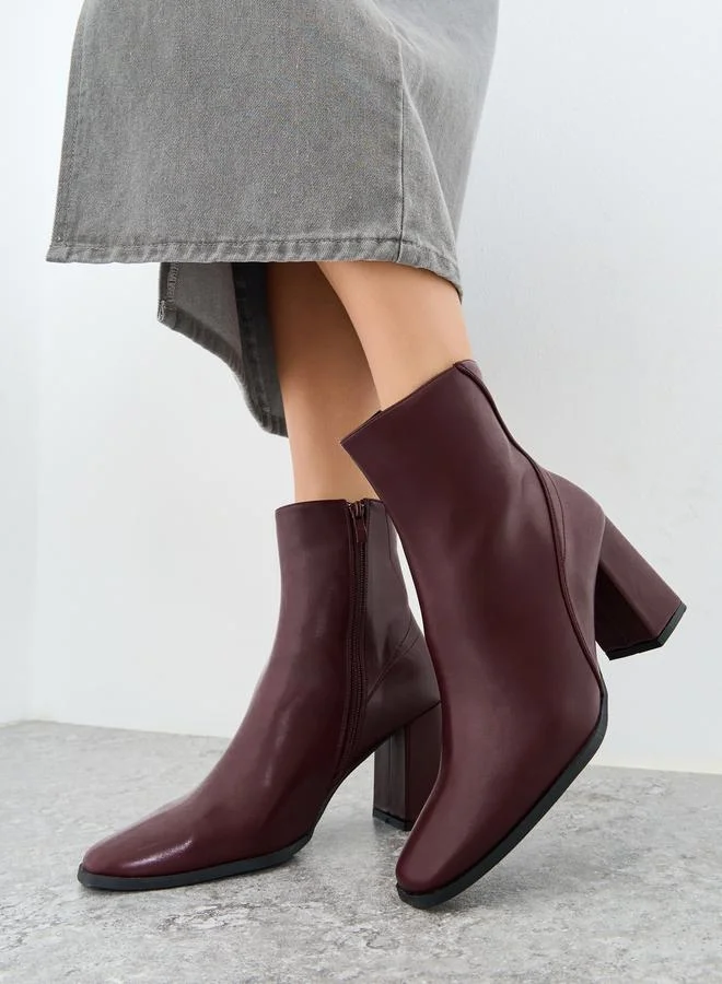 Styli Burgundy Plain Square Toe Block Heel Ankle Boots