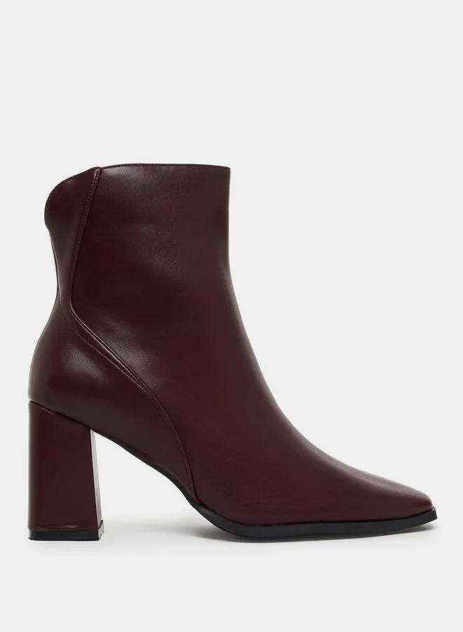 Styli Burgundy Plain Square Toe Block Heel Ankle Boots