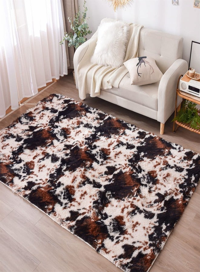 Aimuan Cow Print Area Rug Cute Fluffy Faux Cowhide Rug Super Soft Shaggy Carpets Tie-Dye Rugs for Living Room Bedroom Girls Kids Room Nursery Home Decor Non-Slip Mat (Coffee-Black, 5x7) - Image 2