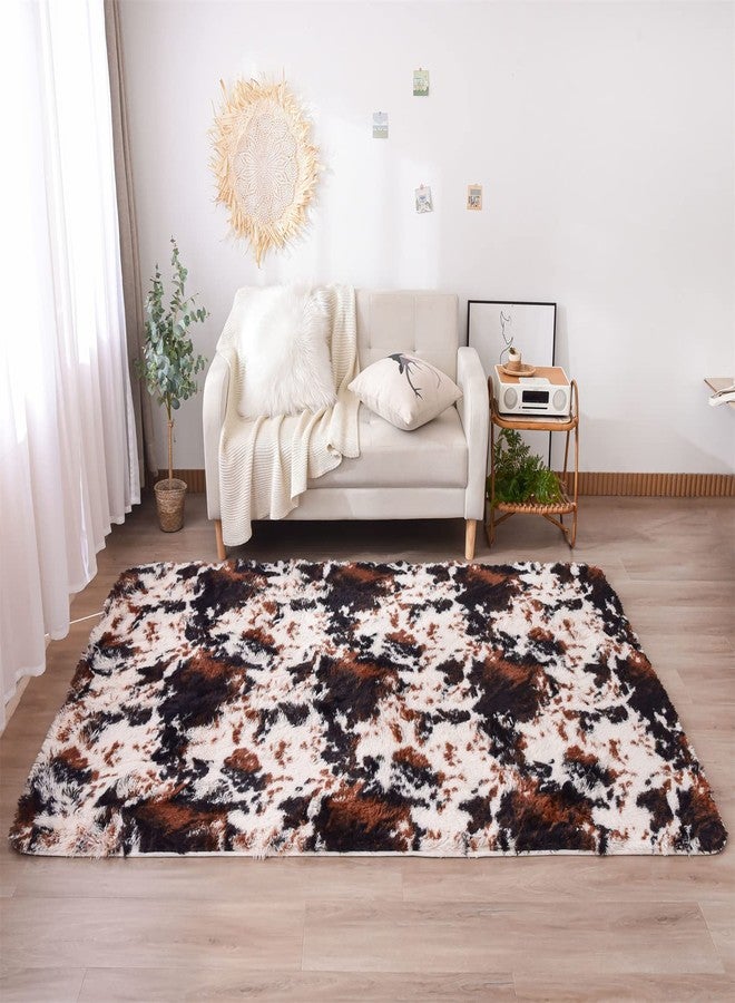 Aimuan Cow Print Area Rug Cute Fluffy Faux Cowhide Rug Super Soft Shaggy Carpets Tie-Dye Rugs for Living Room Bedroom Girls Kids Room Nursery Home Decor Non-Slip Mat (Coffee-Black, 5x7) - Image 1