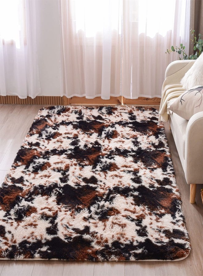 Aimuan Cow Print Area Rug Cute Fluffy Faux Cowhide Rug Super Soft Shaggy Carpets Tie-Dye Rugs for Living Room Bedroom Girls Kids Room Nursery Home Decor Non-Slip Mat (Coffee-Black, 5x7) - Image 3