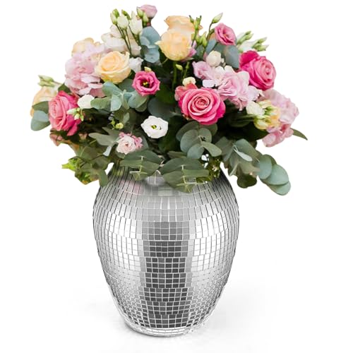 SOUJOY Disco Vase, Silver Mosaic Mirror Vase for Centerpiece, Handmade Glass Bud Vase for Wedding Flower Arrangeme, Living Room, Kitchen, Home Decor - Image 4
