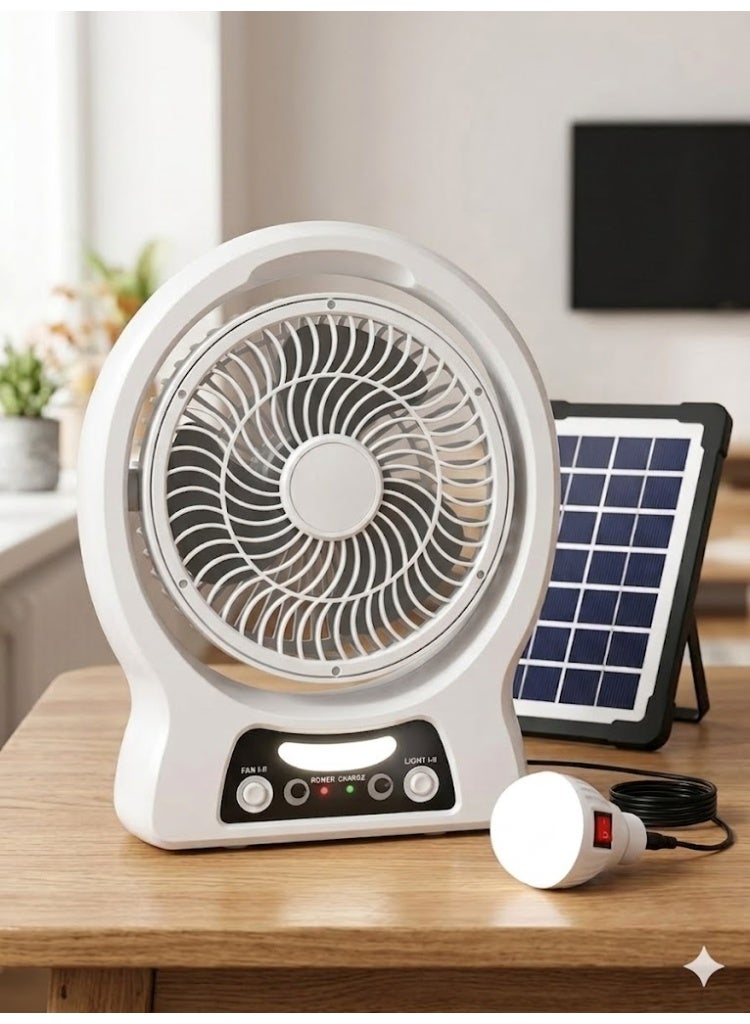 8-inch Portable Rechargeable Emergency Desk Fan with Solar Panel, Built-in LED Flashlight + External Corded LED Light - The perfect camping and travel companion with a quiet design, runs for 4 to 7 hours + Built-in Mobile Charger - Image 1