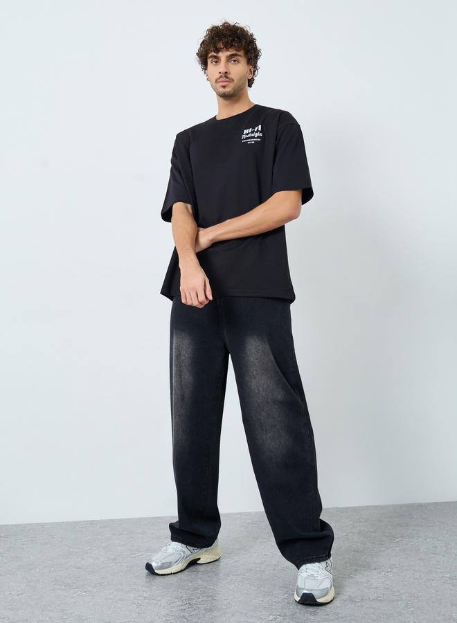 Styli Black Graphic Print Oversized Crew Neck T-Shirt - Image 2