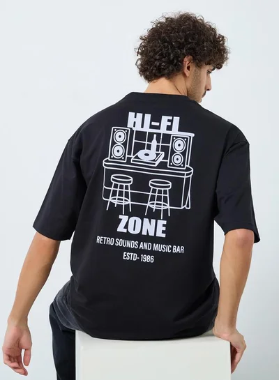 Styli Black Graphic Print Oversized Crew Neck T-Shirt