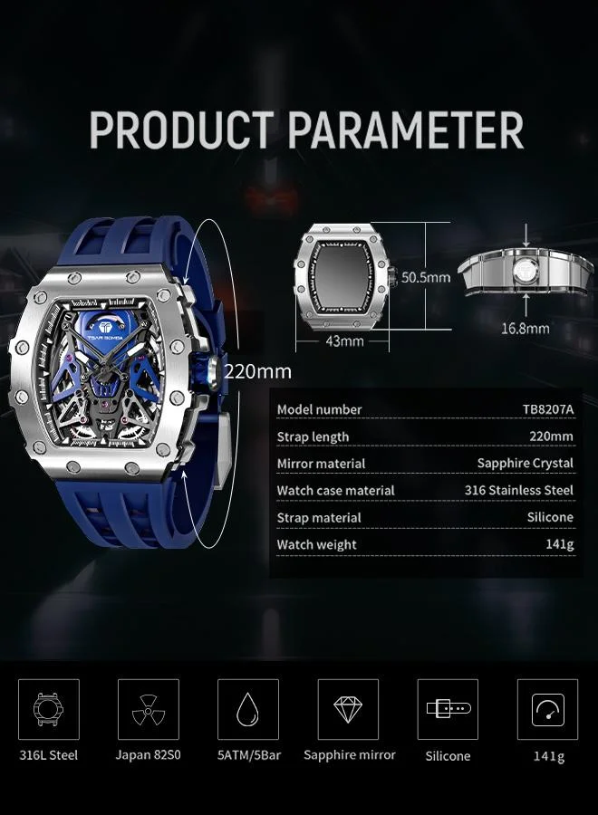 TSAR BOMBA Elemental Series 43mm Automatic Men's Watch with Blue Silicone Strap