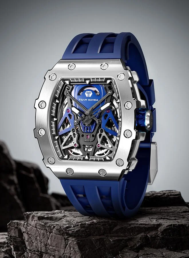 TSAR BOMBA Elemental Series 43mm Automatic Men's Watch with Blue Silicone Strap