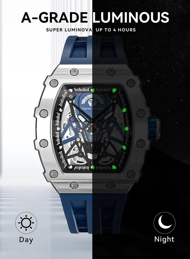 TSAR BOMBA Elemental Series 43mm Automatic Men's Watch with Blue Silicone Strap