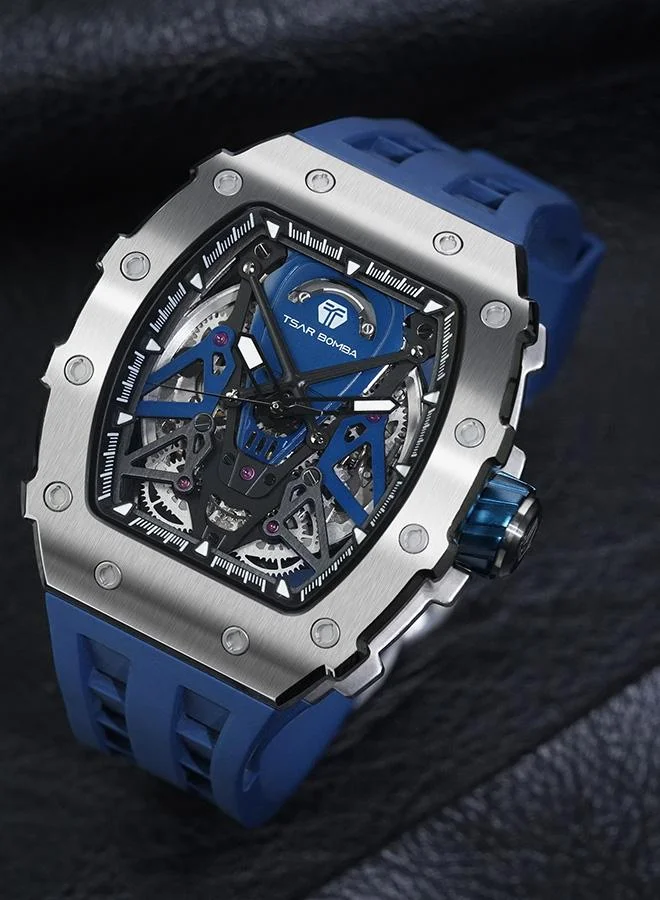TSAR BOMBA Elemental Series 43mm Automatic Men's Watch with Blue Silicone Strap