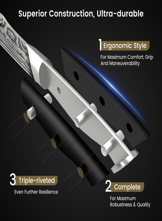 مجموعة سكاكين شرائح اللحم من كوكوس إيد، 6 قطع، 4.8 بوصة، غير مسننة، حادة كشفرة الحلاقة، متينة، مع مسند، مصنوعة من الفولاذ المقاوم للصدأ الألماني بنمط دمشقي، قطعة واحدة، مقاومة للصدأ وسهلة الصيانة - Image 4