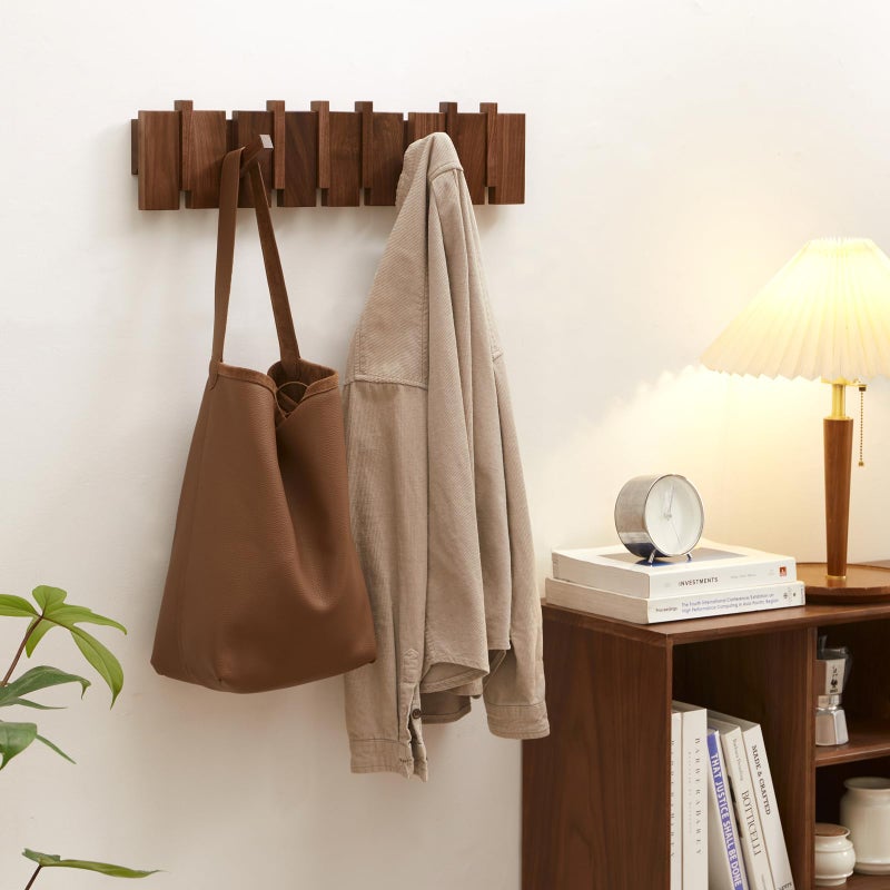 QUELLANCE Wood Coat Rack Wall Mount, Coat Hooks Hanger Wall Mounted, Heavy Duty Wall Coat Rack with 6 Hooks for Hanging Coats/Keys/Hats/Robe&Towels/Plants/Bags, Walnut - Image 5