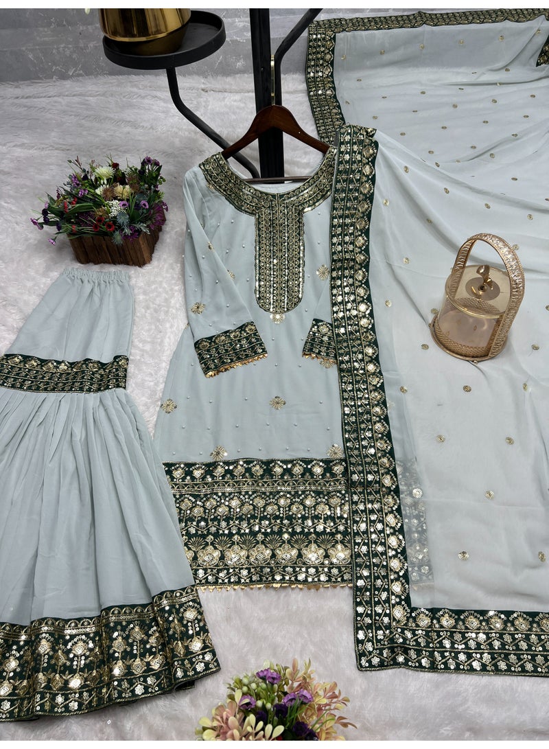 Super Asian Heavy Faux Georgette & Bangalore Satin Embroidered Sharara Set with Riveted Moti Work & Lace Border - Image 1