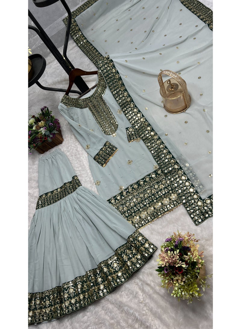 Super Asian Heavy Faux Georgette & Bangalore Satin Embroidered Sharara Set with Riveted Moti Work & Lace Border - Image 3